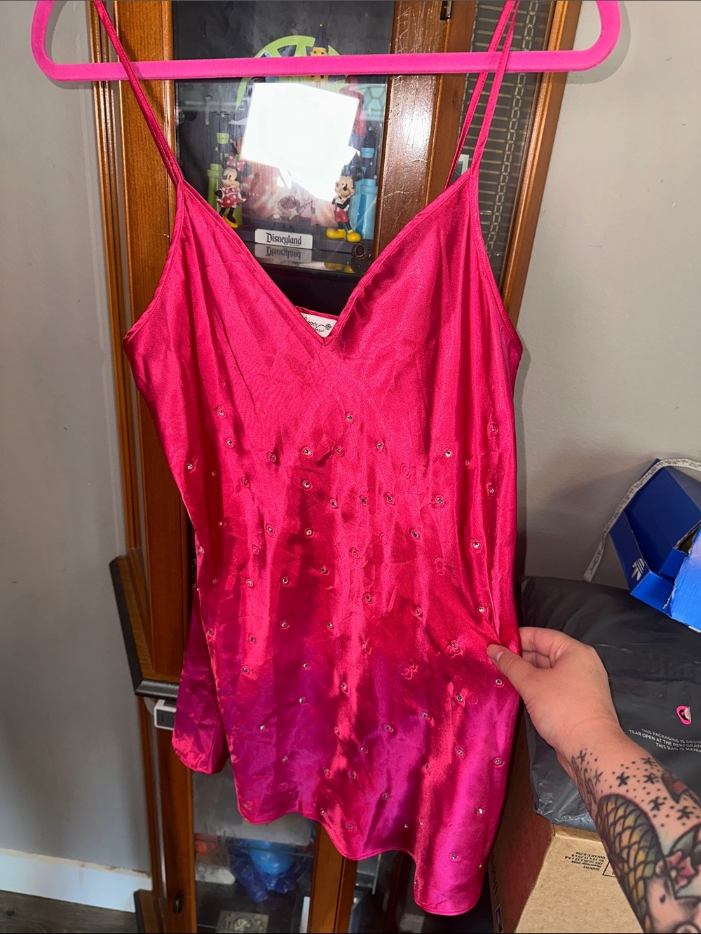 Women's Satin Slip Dress with Embellishments - Hot Pink